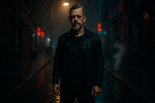 Cinematisches Regen-Nachtporträt von Chris in einer düsteren Gasse, entschlossener Blick, neonbeleuchteter Hintergrund.